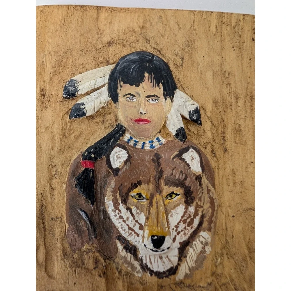 Hand Carved Wooden Plaque Native American Man Wolf Spirit Rustic Wall Art